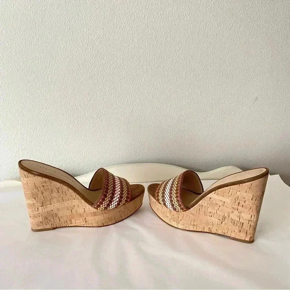 New W/ Box Veronica Beard Dali Multi Woven Raffia Leather Cork Wedge Sandal 9
